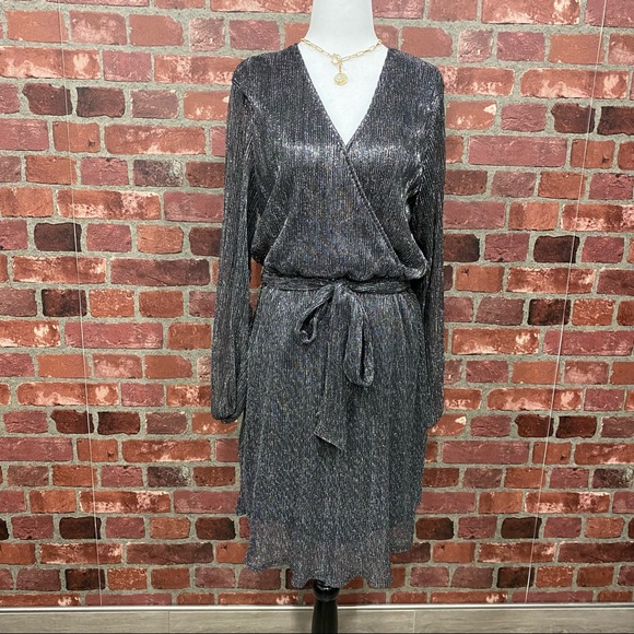 LARGE Black Metallic Wrap Tie Waist Mini Dress - Picture 12 of 17